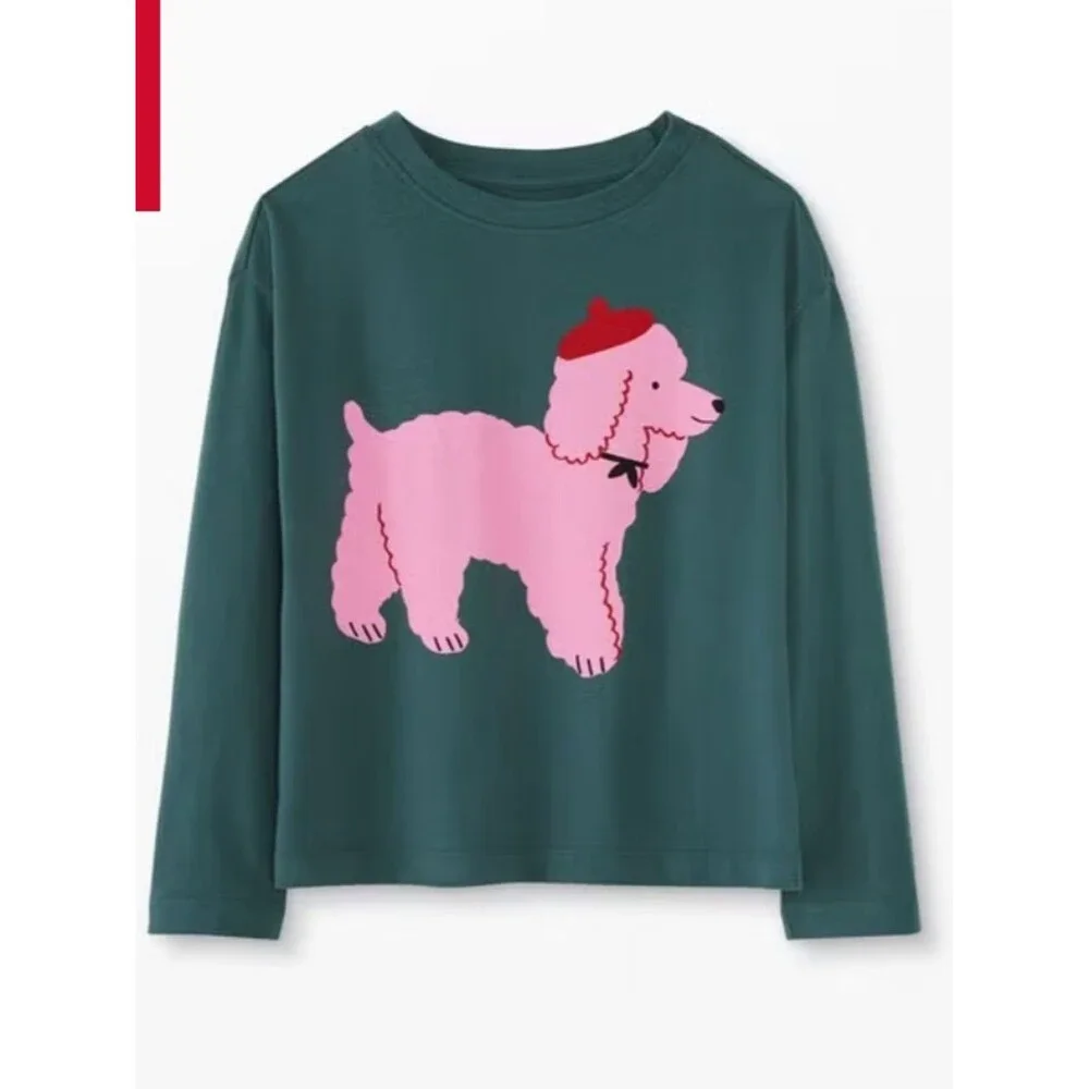 Green Long-Sleeve Tee with Pink Poodle Graphic